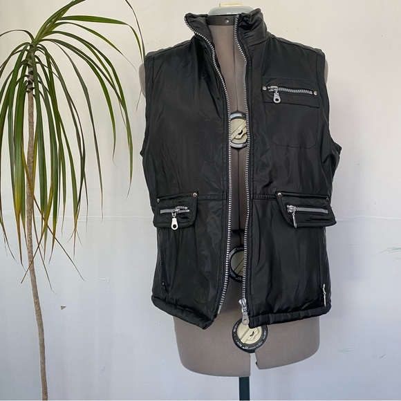 RAVE 4 REAL Women's Black Metallic Zip Up Utility Vest Y2K Vegan Size M - Picture 1 of 10